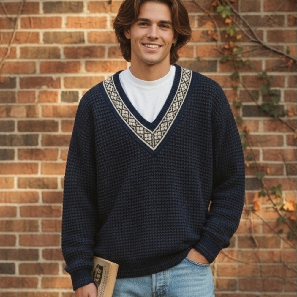 Vintage 90s Blue‎ Gray Textured V-Neck Sweater Après Ski Preppy Academia L